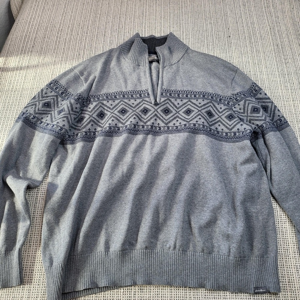 Eddie Bauer Sweater Mens XL Gray Quarter Zip Mock Neck Geometric Knit Pullover